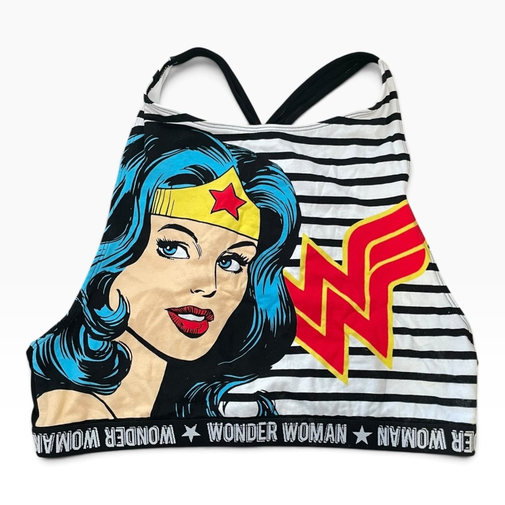Wonder Woman Sports Bra XL Black White Stripe DC Comics Activewear Racerback Top